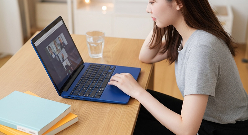 笑顔でPCを操作する女性