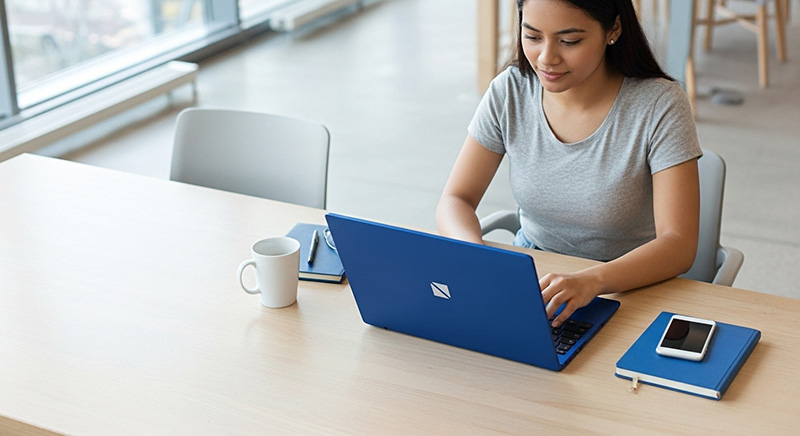 笑顔でPCを操作する女性