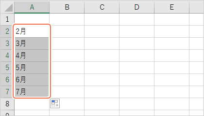 A2からA7のセルに、「3月」「4月」……「7月」が入力されます。
