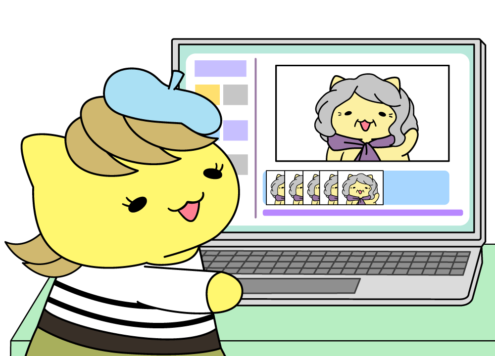 静止画も音も動画と同じように配置。上の素材が手前に見えるんだにゃ！