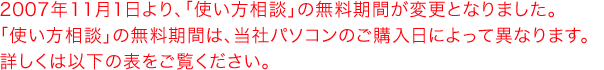 2007年11月1日より、「使い方相談」の無料期間が変更となりました。「使い方相談」の無料期間は、当社パソコンのご購入日によって異なります。詳しくは以下の表をご覧ください。