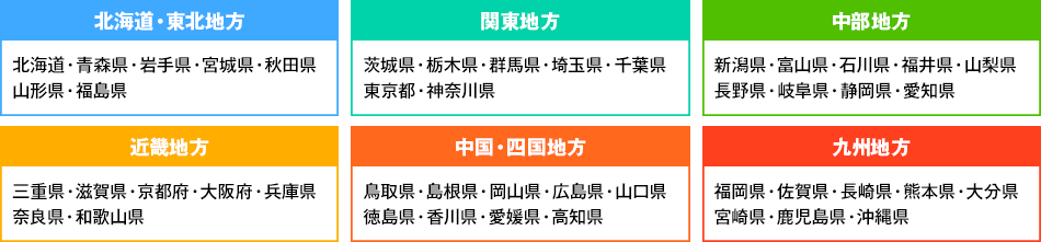 北海道・青森県・岩手県・宮城県・秋田県・山形県・福島県・茨城県・栃木県・群馬県・埼玉県・千葉県・東京都・神奈川県・新潟県・富山県・石川県・福井県・山梨県・長野県・岐阜県・静岡県・愛知県・三重県・滋賀県・京都府・大阪府・兵庫県・奈良県・和歌山県・鳥取県・島根県・岡山県・広島県・山口県・徳島県・香川県・愛媛県・高知県・福岡県・佐賀県・長崎県・熊本県・大分県・宮崎県・鹿児島県・沖縄県