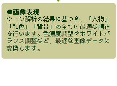 ●画像表現　シーン解析の結果に基づき、「人物」「顔色」「背景」の全てに最適な補正を行います。色濃度調整やホワイトバランス調整など、最適な画像データに変換します。